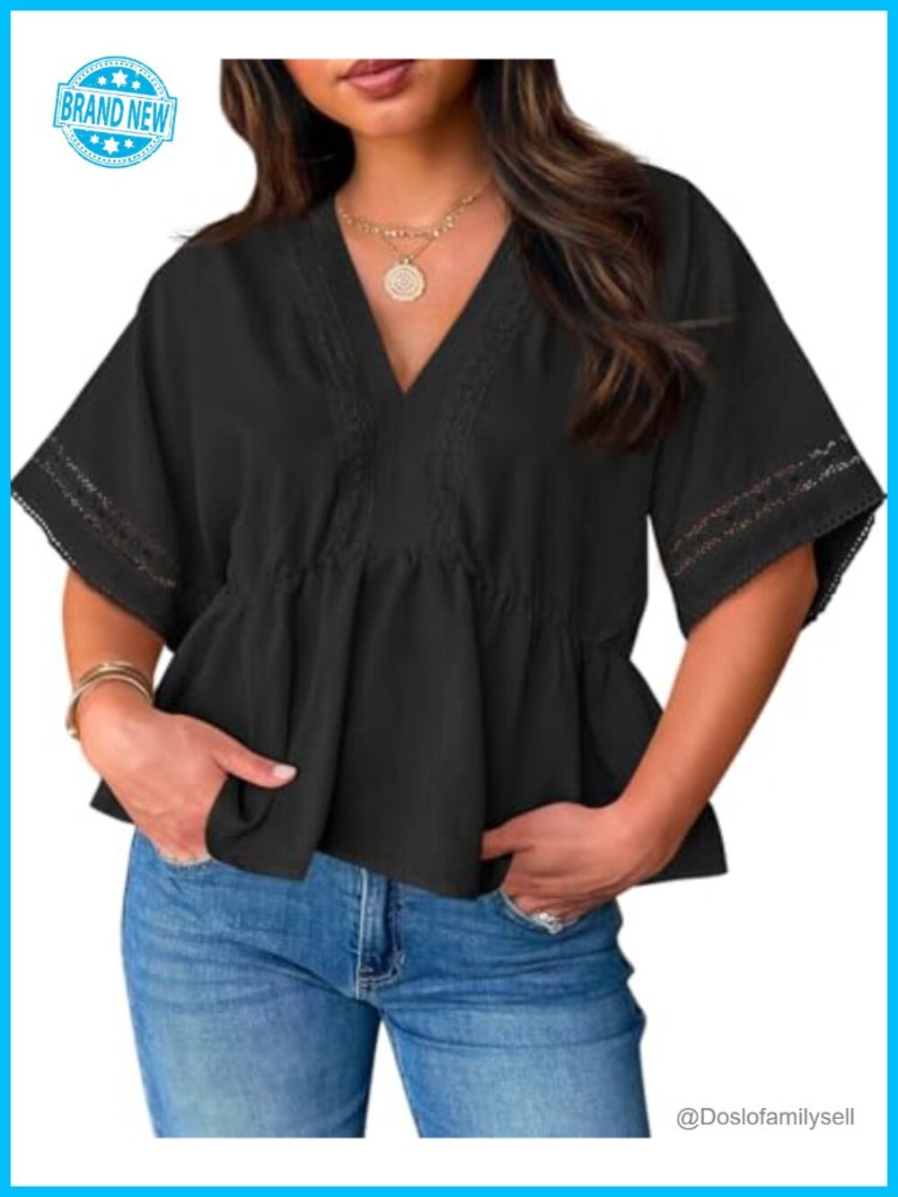 Plus Size Babydoll Top Eyelet Lace Peplum Blouse